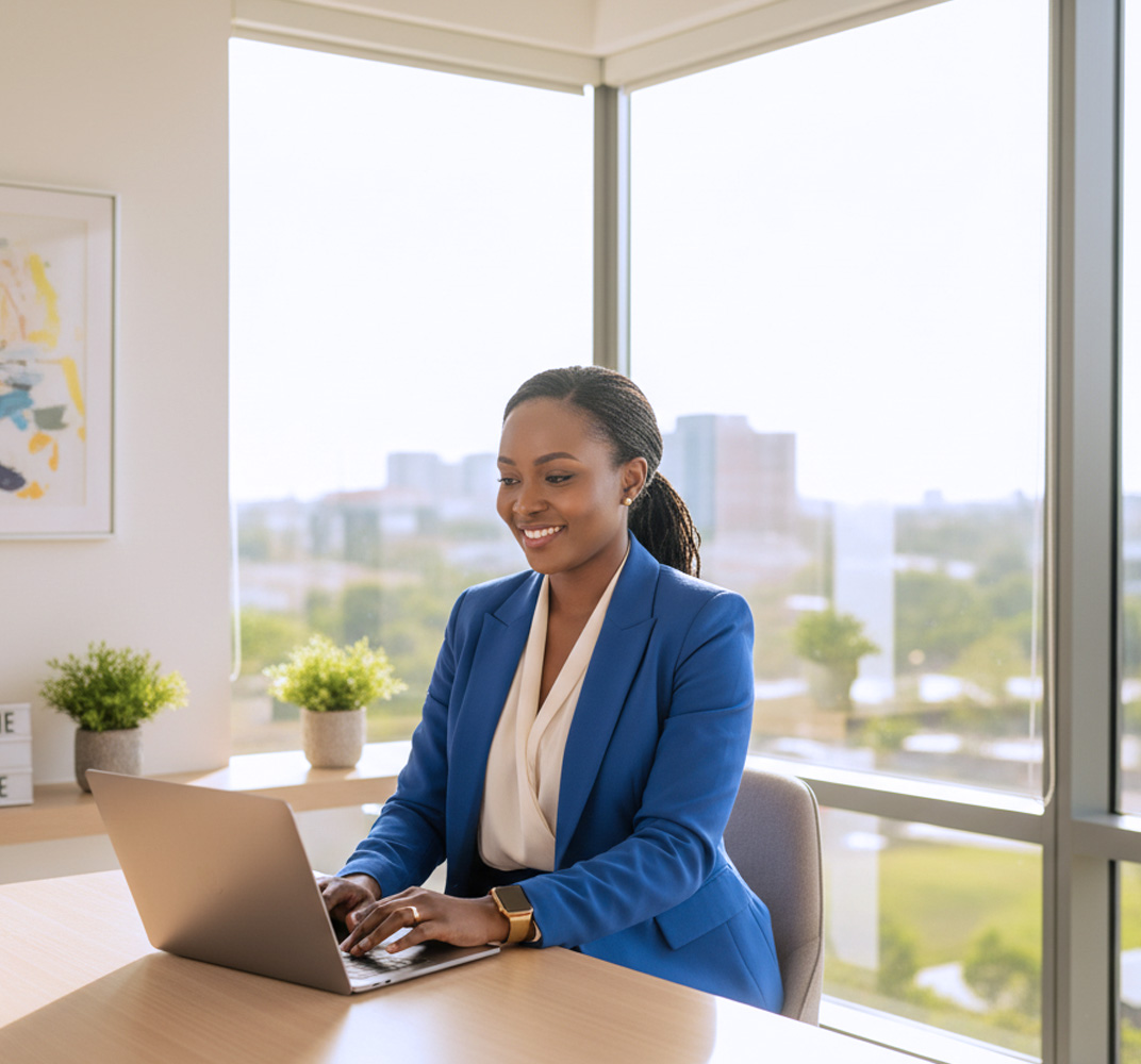 local_SMB_01 a professional woman in a modern Ugandan office smiling confidently while